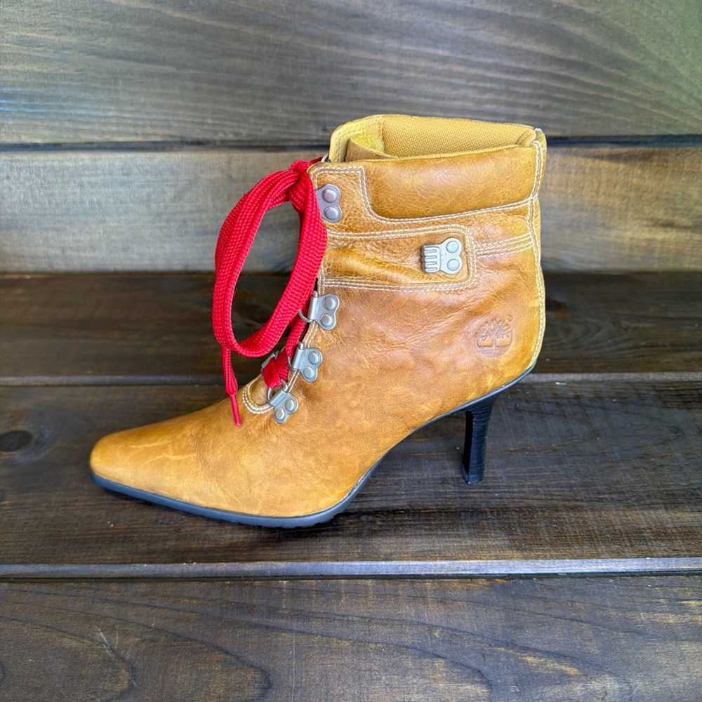 Timberland Y2K Special Edition Tan Leather Heeled Ankle Boots Women Size 9 M Vtg - Picture 7 of 11